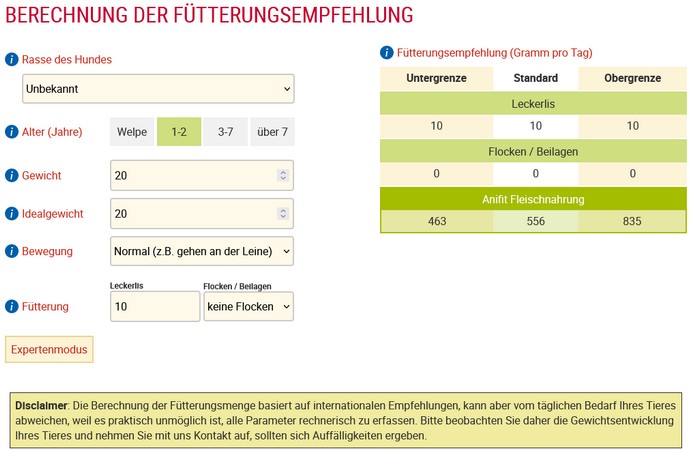 Berechnung der Fütterungsempfehlung-(Screenshot: ANIfit Website Futter Rechner)
